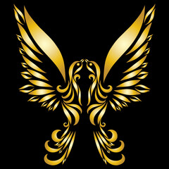 bird dove spirit holy free flying wings ornate graceful swirl feather ornament logo christian symbol of hope and peace gold color