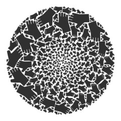 Hand symbols are grouped into sphere collection. Hand icon spheric collage. Abstract sphere bubble collage done from hand icons.