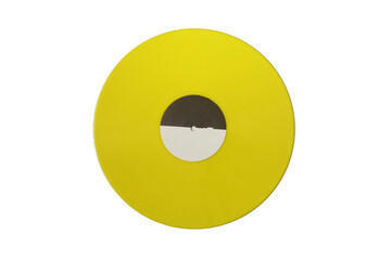 Yellow Vinyl record on a white background. Retro style. Top view. Flat lay, copy space.
