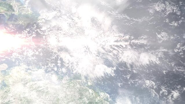 Earth zoom in from outer space to city. Zooming on Saint Lucia, Castries. The animation continues by zoom out through clouds and atmosphere into space. View of the Earth at night. Images from NASA
