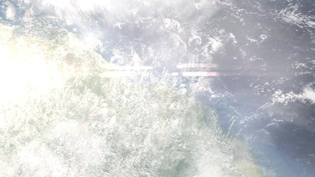 Earth zoom in from outer space to city. Zooming on Suriname, Paramaribo. The animation continues by zoom out through clouds and atmosphere into space. View of the Earth at night. Images from NASA