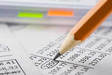 Accounting document with pencil and checking financial chart. Concept of banking, financial report and financial audit.