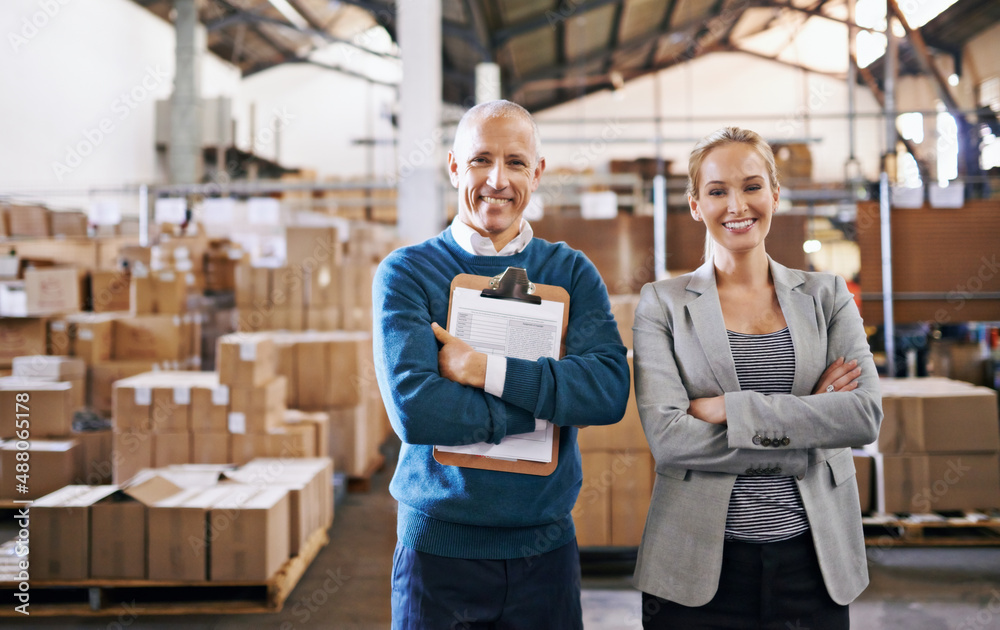 Aufkleber Your shipment is in capable hands. Portrait of two managers standing in a distribution warehouse.