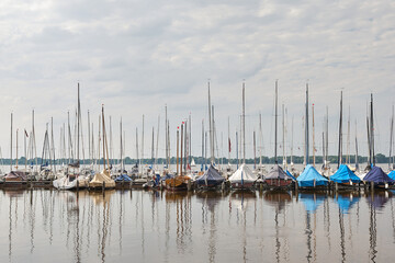 sailboats, boats in marina, cloudy weather, summer
