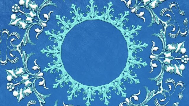 Decorative vintage antique floral baroque ornament, renaissance retro victorian elegant mandala, royal damask background, round rotating lace frame, blue nature spring light illustration