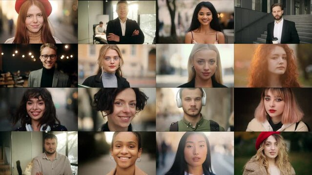 Collage of multi-ethnic diverse women looking at the camera. Beautiful women of different age, background, ethnicity, beauty and hair style smiling together. High quality 4k footage
