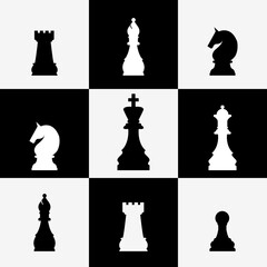 Black and white chess board with chess pieces. Black and white Chess pieces in flat style. Vector illustration EPS 10