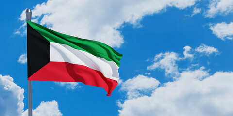 Flag of Kuwait waving in the sky. National Flag of Kuwait on flagpole for Independence day. 3d rendering.