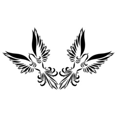 bird dove spirit holy free flying wings ornate graceful swirl feather ornament logo christian symbol of hope and peace in black