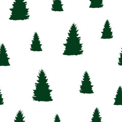 Seamless pattern dark green fir isolated on white background. Emerald pine wild forest print, vector eps 10