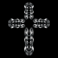 christian cross graceful ornament and elegant ornate delicate pattern design in white color on black background
