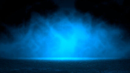 Mysterious smoke background in blue neon light over old asphalt. Street with a dark horror...