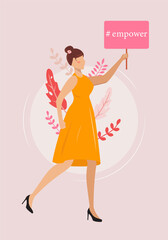 Women empower concept illustration. Demonstration for International Womens Day. Pretty young woman in the orange dress with a shield walking in the nature. For cards, posters, flyers, banners.