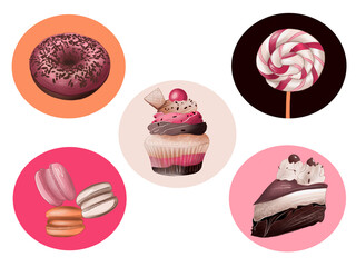 Set of sweets in pink , beige and brown colors, donut, lollipop, cake, cupcake and macarons