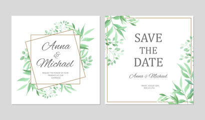 Green leaves geometric border. Wedding invitations set. Floral design card template. Vector illustration.