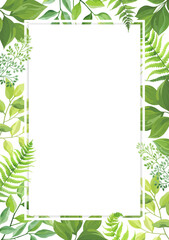 Frame with green leaves. Card with place for text. Border with forest herbs. Vector illustration.