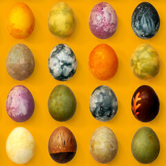 Seamless background of Easter eggs painted in different colors with natural pigments. Minsk. Belarus. 