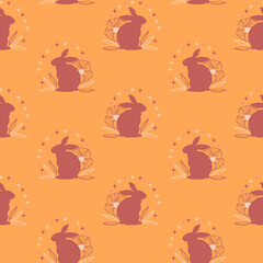 Seamless pattern with rabbits, flowers and leaves in boho style on yellow background for Easter designs