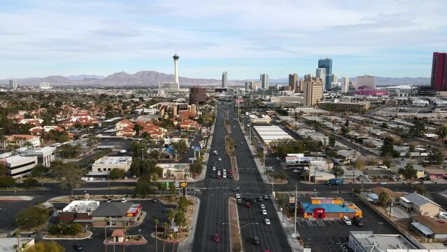 2022 - Excellent aerial view pulling back from the strip in Las Vegas, Nevada.