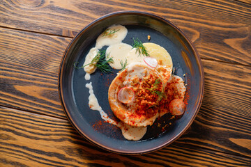 Baked meat with mashed potatoes and sauce. Menu design concept.