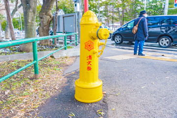 Fototapeta na wymiar Fire hydrant in Sapporo, Hokkaido, Japan. Translation: fire hydrant
