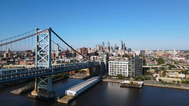 2022 - Excellent aerial view approaching Philadelphia, Pennsylvania from the Benjamin Franklin Bridge.