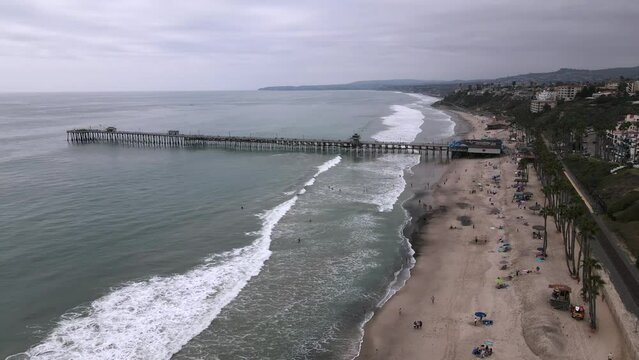 2022 - Excellent aerial view of the pier and beach in San Clemente, California on an overcast day.
