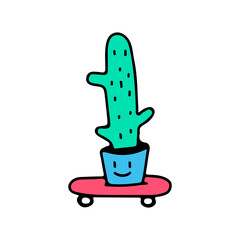 Cactus plant and skateboard, illustration for t-shirt, sticker, or apparel merchandise. With doodle, retro, and cartoon style.