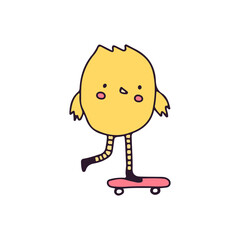 Baby chicken riding skateboard, illustration for t-shirt, sticker, or apparel merchandise. With doodle, retro, and cartoon style.