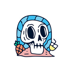 Fototapeta premium Skeleton with pineapple and juice, illustration for t-shirt, sticker, or apparel merchandise. With doodle, retro, and cartoon style.