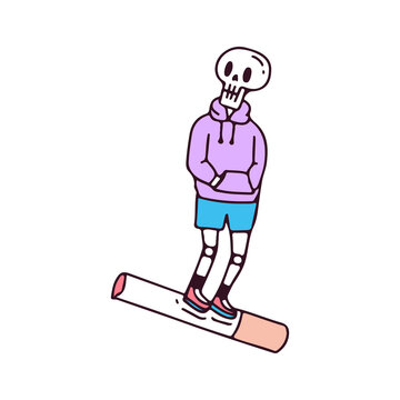 Skull wearing sweater riding a cigarette, illustration for t-shirt, sticker, or apparel merchandise. With doodle, retro, and cartoon style.
