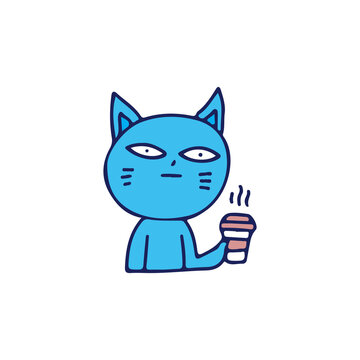 Weird cat holding cup of coffee, illustration for t-shirt, sticker, or apparel merchandise. With doodle, retro, and cartoon style.