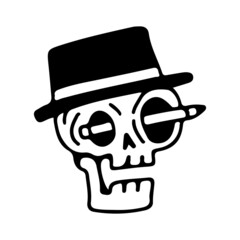 Skull head wearing vintage hat with pencil on the eyes, illustration for t-shirt, sticker, or apparel merchandise. With doodle, retro, and cartoon style.