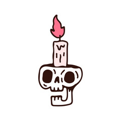 Broken skull head and candle, illustration for t-shirt, sticker, or apparel merchandise. With doodle, retro, and cartoon style.