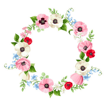 Vector floral wreath with red, pink, blue, and white poppy and bluebell flowers. Floral circle frame. Greeting or invitation card design.