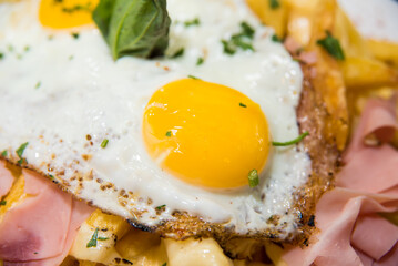 Fries with fried egg on a plate on a wooden table