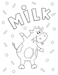 cute cartoon cow and word milk, coloring page for kids