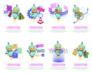 Fototapeta na wymiar Cute bot character set. Welcome to the chatbot. Online consultation. Overview of cartoon illustrations