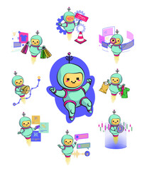 Obraz na płótnie Canvas Metaphor chat bot icons set. Information engineering, artificial intelligence, chatbot applications. Customer service and NLP language processing. Vector illustrations of isolated visibility metaphor