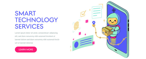 Chatbot isolated on white background. The bot holds the box and helps in delivering the packages. Chatbot customer service. Flat vector illustration