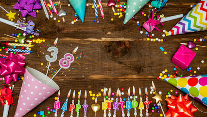 Top view of decoration birthday copy space. Happy birthday to thirty-eight. Beautiful...