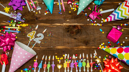 Top view of decoration birthday copy space. Happy birthday for forty-two years old. Beautiful...
