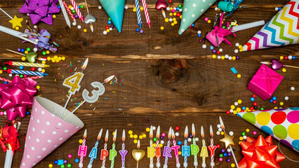 Top view of decoration birthday copy space. Happy birthday for forty-three years old. Beautiful congratulations for 43 years