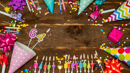 Top view of decoration birthday copy space. Happy birthday for sixty four years old. Beautiful congratulations for 64 years.