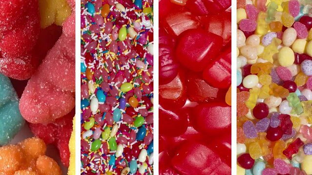 sweets candy jelly bean gum jell bear shapes sour tasty sliding food frames moving video background