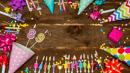 Top view of decoration birthday copy space. Happy birthday for eighty nine years old. Beautiful congratulations for 89 years