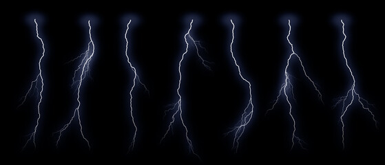 Set of different lightning bolts isolated on black background