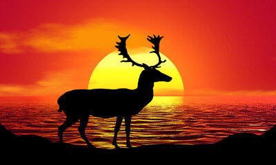 Fototapeta na wymiar Reindeer Deer Antler Silhouette Sunset Beach Sunrise landscape illustration