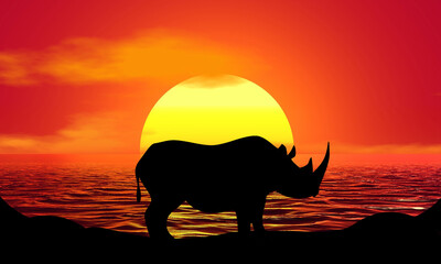Rhino Rhinoceros Silhouette Sunset Beach Sunrise landscape illustration