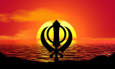 Khanda, Sikhism Symbol Silhouette Sunset Beach Sunrise landscape illustration
